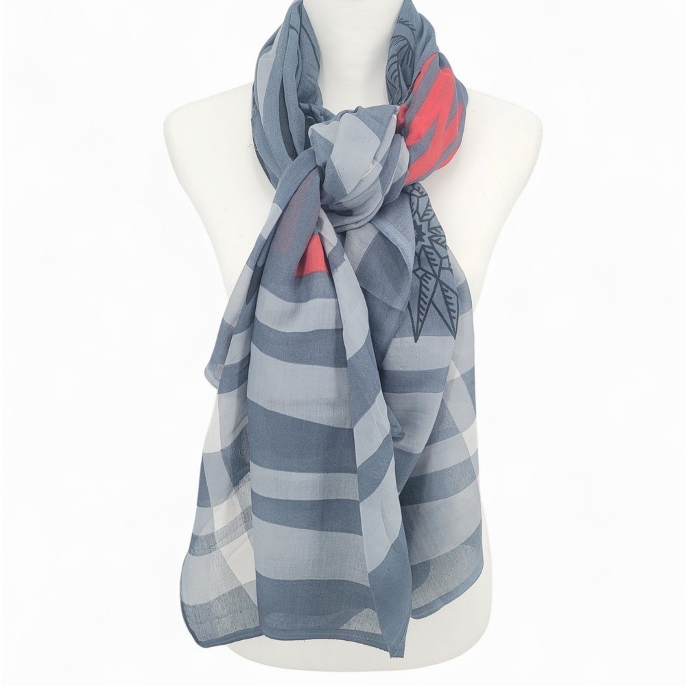 Raj‎ LA Los Angeles India Scarf Women's Gray Red Striped Lightweight Cotton New